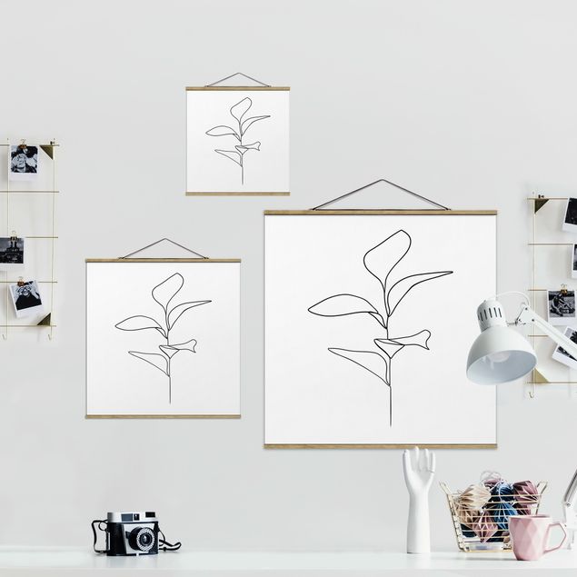Stoffbild mit Posterleisten - Line Art Pflanze Blätter Schwarz Weiß - Quadrat 1:1