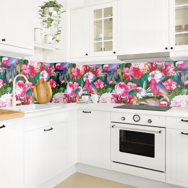 Küchenspiegel Bunte Tropische Blumen mit Vögeln Pink II