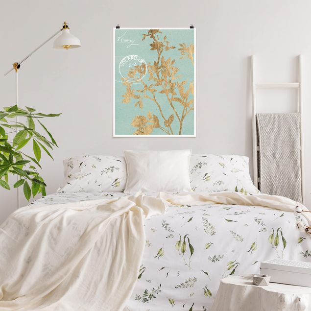 Poster mit Blumen Goldene Blätter auf Turquoise II