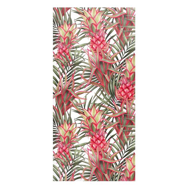 Magnettafel - Rote Ananas mit Palmenblättern Tropisch - Panorama Hochformat