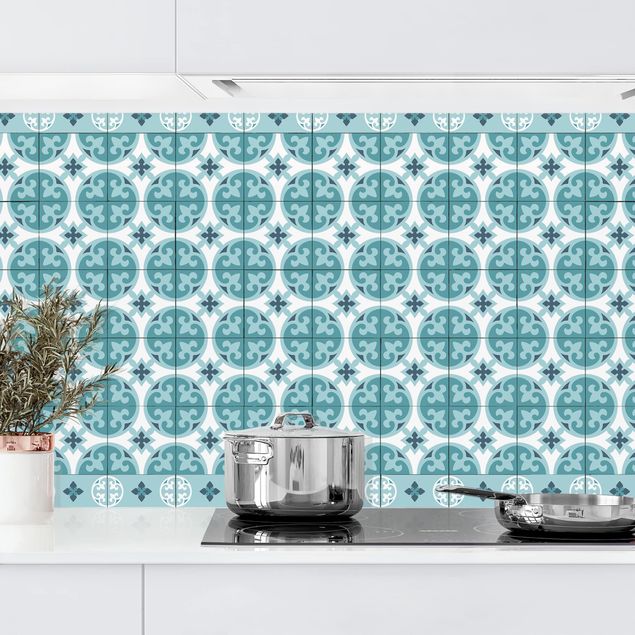 Platte Küchenrückwand Geometrischer Fliesenmix Kreise Türkis