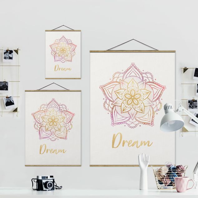 Stoffbild mit Posterleisten - Mandala Illustration Dream gold rosa - Hochformat 3:4