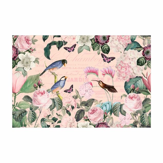 Teppich rosa Vintage Collage - Rosen und Vögel