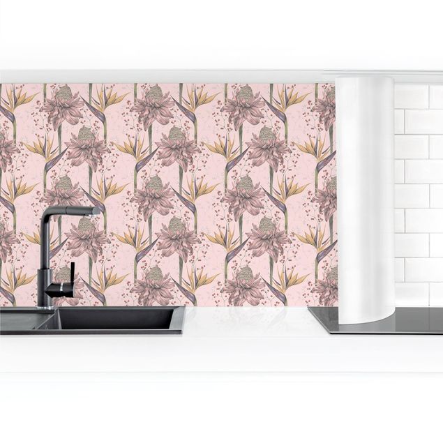 Küchenrückwand selbstklebend Florale Eleganz Vintage Strelitzie auf Rosa XXL