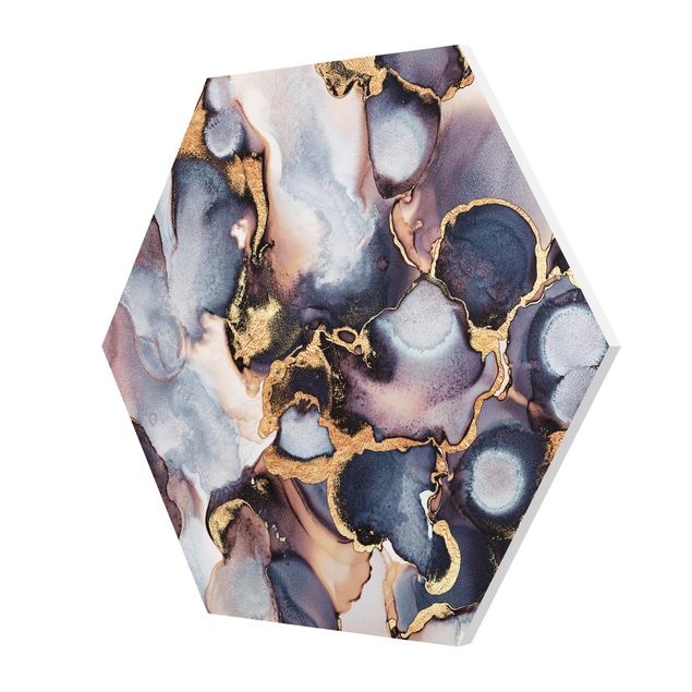 Hexagon Bild Forex - Marmor Aquarell mit Gold