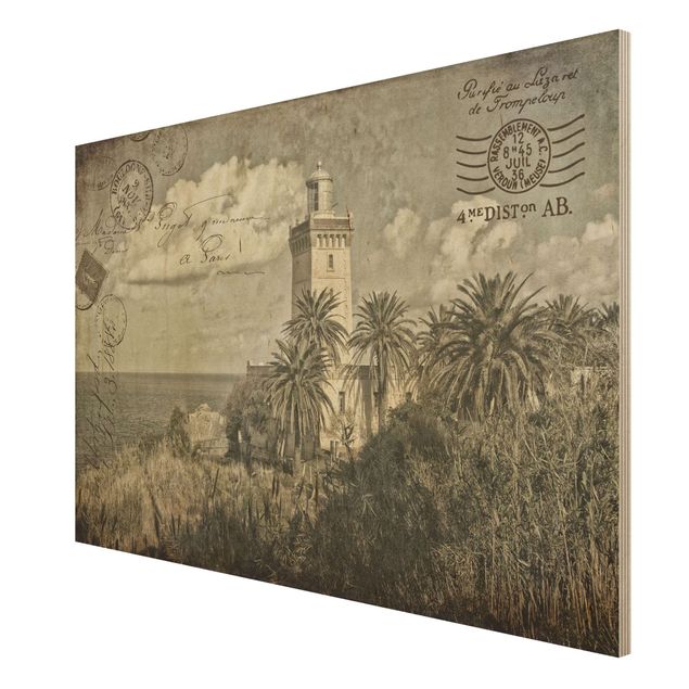 Holzbild - Vintage Postkarte mit Leuchtturm und Palmen - Querformat 2:3