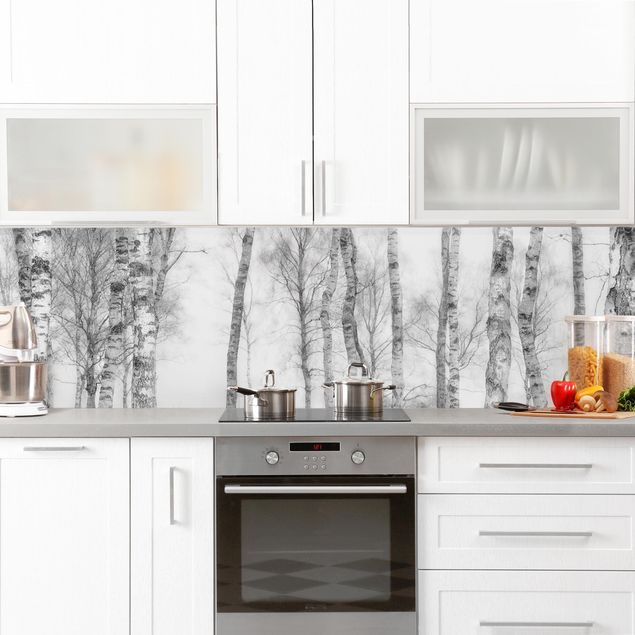 Küchenrückwand selbstklebend Mystischer Birkenwald Schwarz-weiß