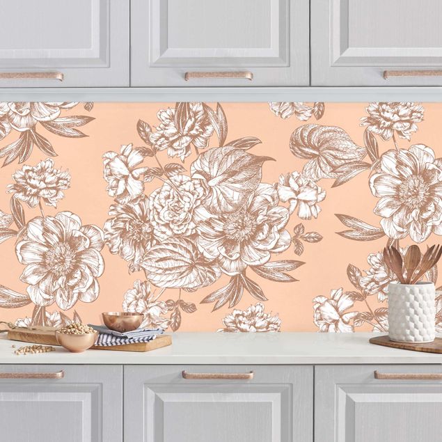 Platte Küchenrückwand Kupferstich Blütenbouquet