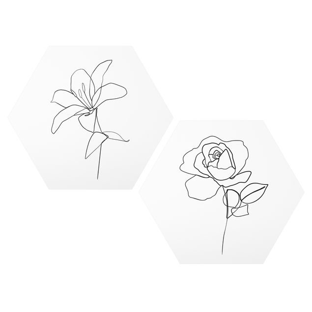 Hexagon-Bilder Line Art Blüten Schwarz Weiß Set