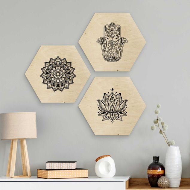 Holzbilder Muster Mandala Hamsa Hand Lotus Set auf Weiß