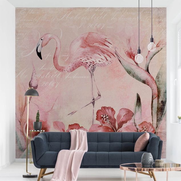 Tapete selbstklebend - Shabby Chic Collage - Flamingo - Fototapete Quadrat