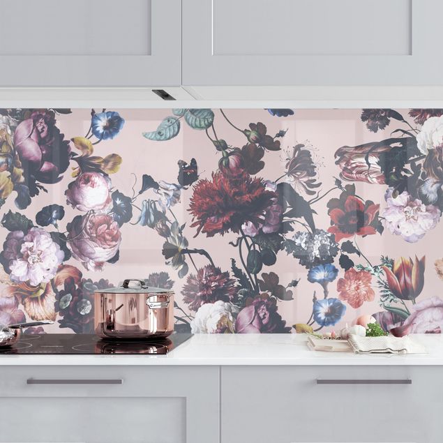 Platte Küchenrückwand Altmeisterliche Blüten mit Tulpen und Rosen auf Rosa