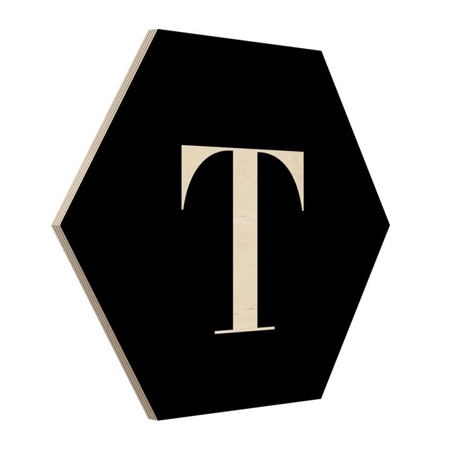 Hexagon Bild Holz - Buchstabe Serif Schwarz T