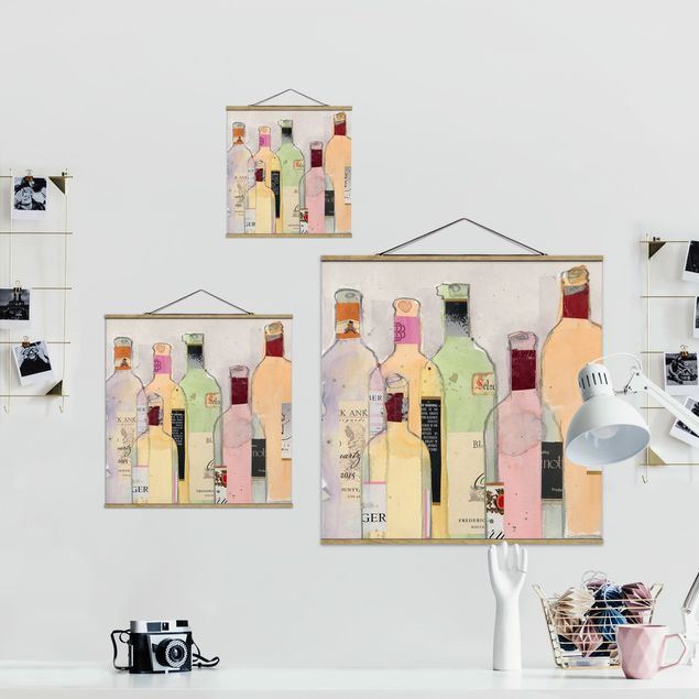 Stoffbild mit Posterleisten - Weinflaschen in Wasserfarbe I - Quadrat 1:1