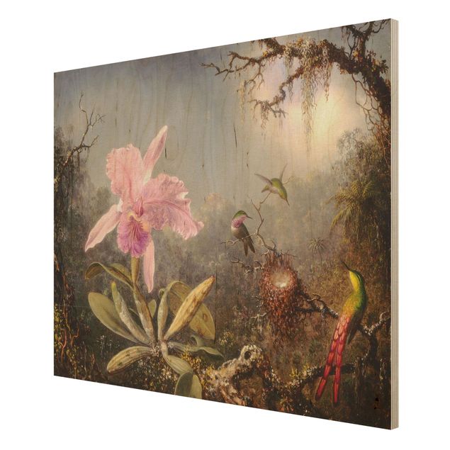 Wandbild Holz Martin Johnson Heade - Orchidee und drei Kolibris