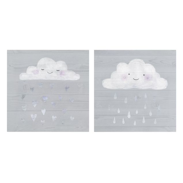 Leinwandbild 2-teilig - Wolken mit silbernen Herzen und Tropfen Set I - Quadrate 1:1