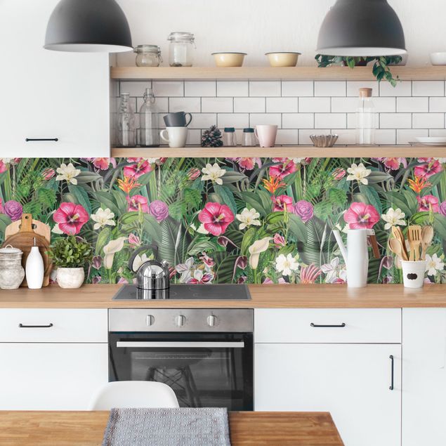 Küchenrückwand selbstklebend Bunte tropische Blumen Collage