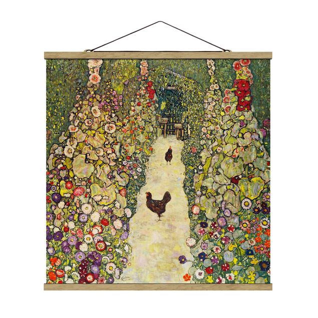 Stoffbild mit Posterleisten - Gustav Klimt - Gartenweg mit Hühnern - Quadrat 1:1