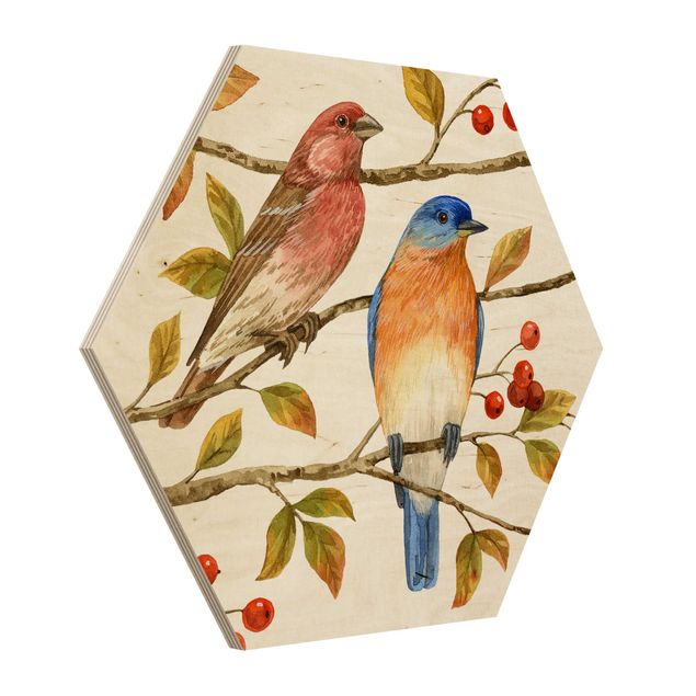 Hexagon Bild Holz - Vögel und Beeren - Hüttensänger