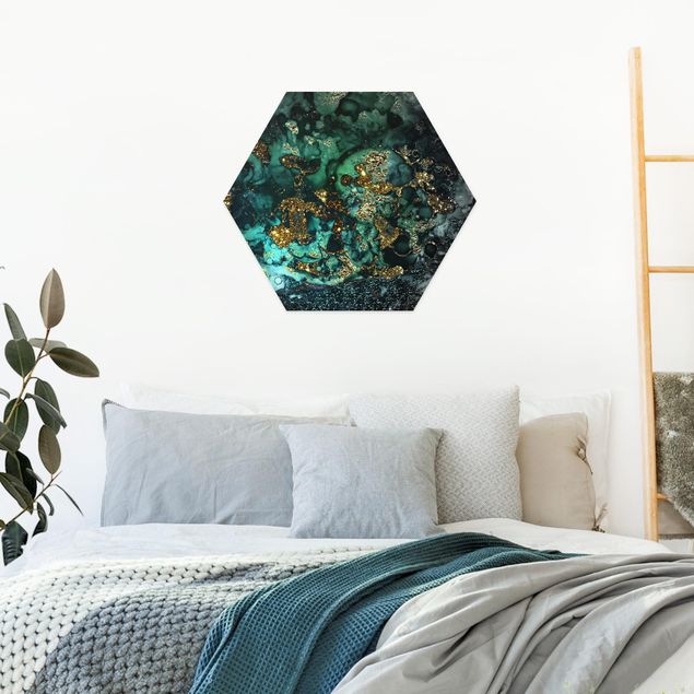Hexagon Wandbild Goldene Meeres-Inseln Abstrakt