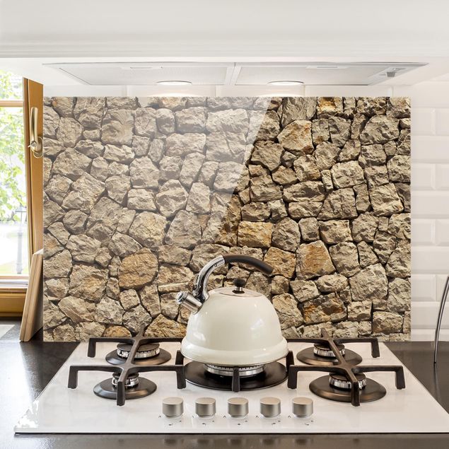 Glasrückwand Küche Steinoptik Alte Wand aus Pflasterstein