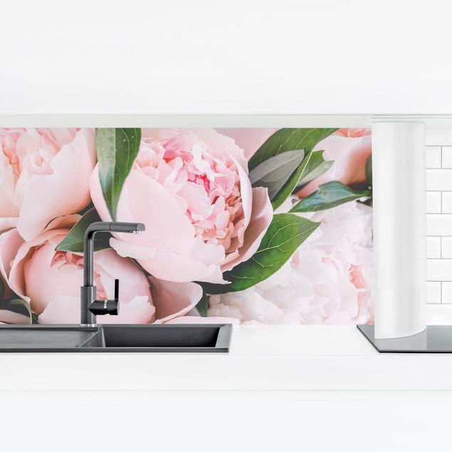 Küchenrückwand selbstklebend Rosa Pfingstrosen mit Blättern