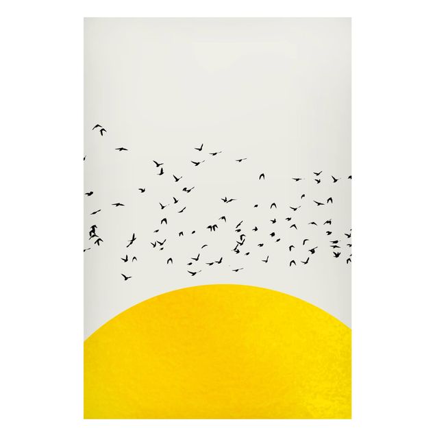 Magnettafel - Vogelschwarm vor gelber Sonne - Hochformat 2:3