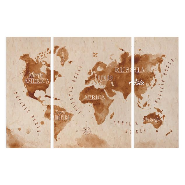 Leinwandbild 3-teilig - Weltkarte Aquarell beige braun - Tryptichon
