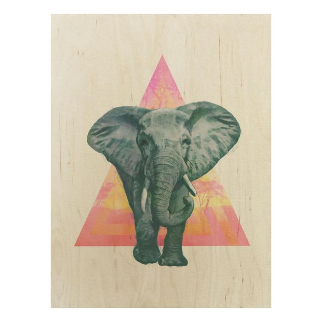 Holzbild - Illustration Elefant vor Dreieck Malerei - Hochformat 4:3