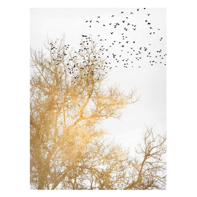 Magnettafel - Vogelschwarm vor goldenem Baum - Hochformat 3:4