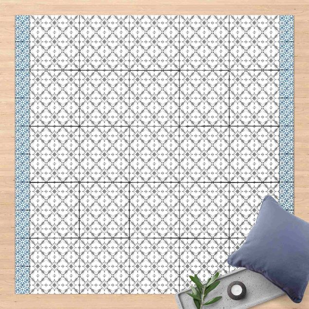 Teppich für Balkon Aquarell Fliesen Grauer Sonnenstern mit Bordüre