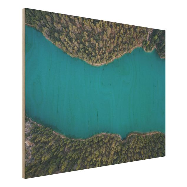Bilder auf Holz Luftbild - Tiefblauer See