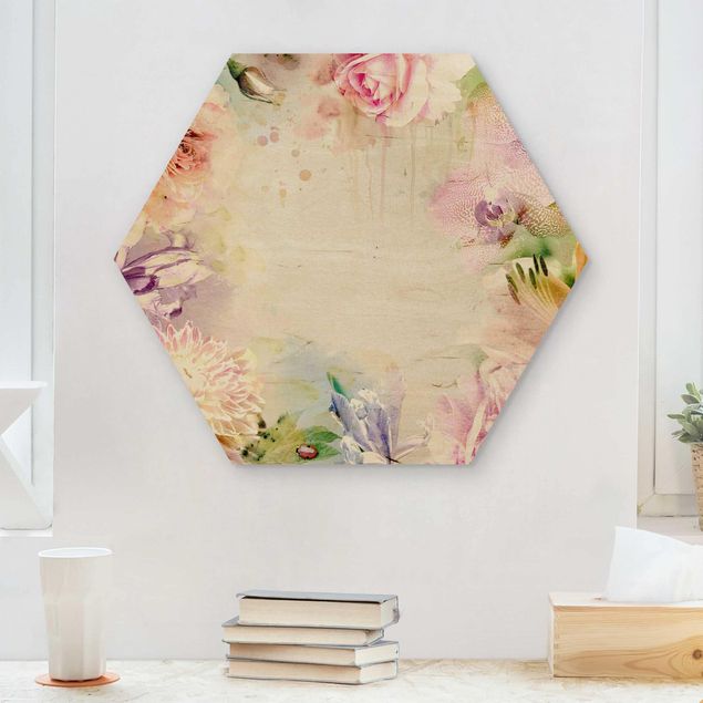Wandbild Holz Aquarell Blütenmix Pastell