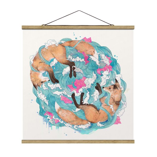 Stoffbild mit Posterleisten - Laura Graves - Illustration Füchse und Wellen Malerei - Quadrat 1:1