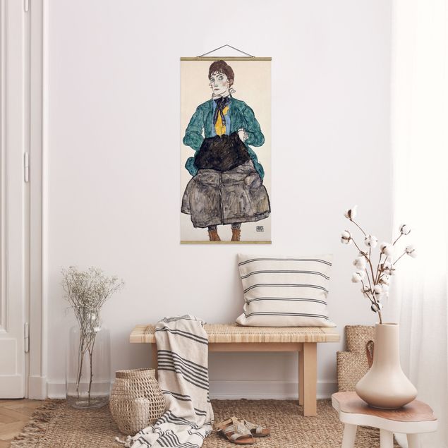 Stoffbild mit Posterleisten - Egon Schiele - Frau in grüner Bluse - Hochformat 1:2