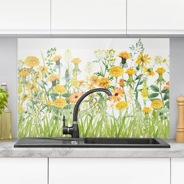 Spritzschutz Glas - Aquarellierte Blumenwiese in Gelb - Querformat 3:2