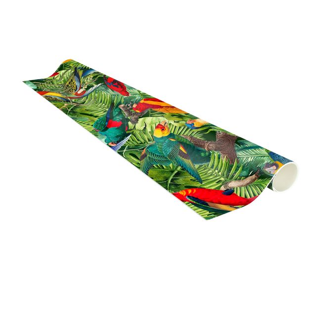 teppich mit blumenmuster Bunte Collage - Papageien im Dschungel