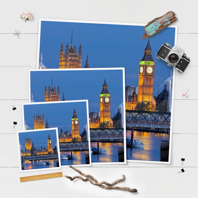 Poster - Big Ben und Westminster Palace in London bei Nacht - Quadrat 1:1