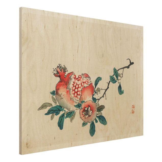 Holzbilder Blumen Asiatische Vintage Zeichnung Granatapfel