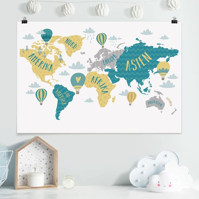 Poster - Weltkarte mit Heißluftballon - Querformat 2:3
