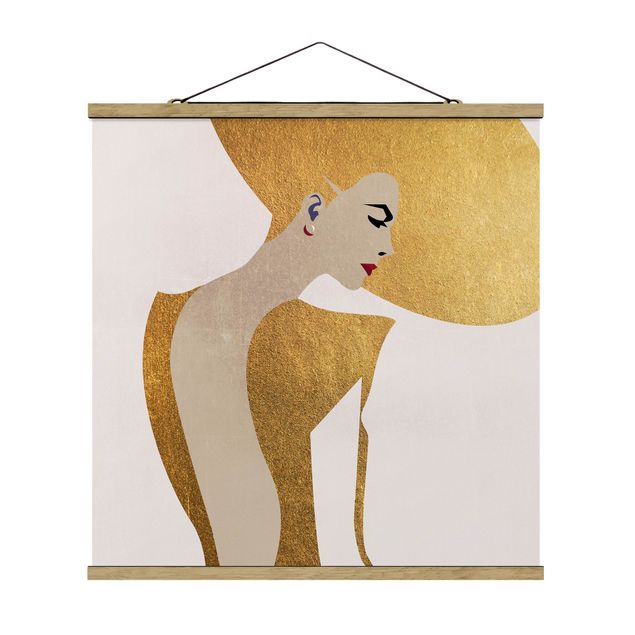 Stoffbild mit Posterleisten - Dame mit Hut in Gold - Quadrat 1:1