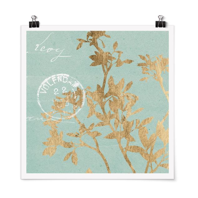 Poster - Goldene Blätter auf Turquoise II - Quadrat 1:1