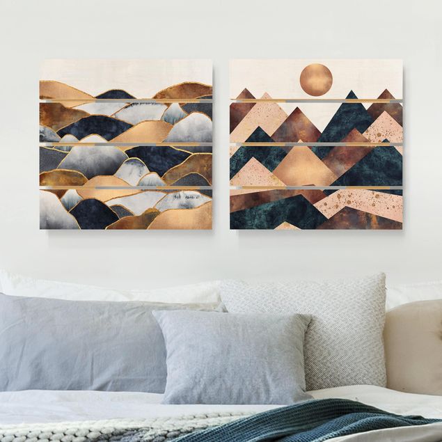 Holzbilder Muster Geometrische & Goldene Berge Aquarell