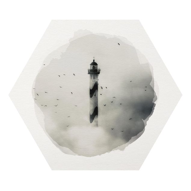 Hexagon Bild Forex - Wasserfarben - Leuchtturm im Nebel