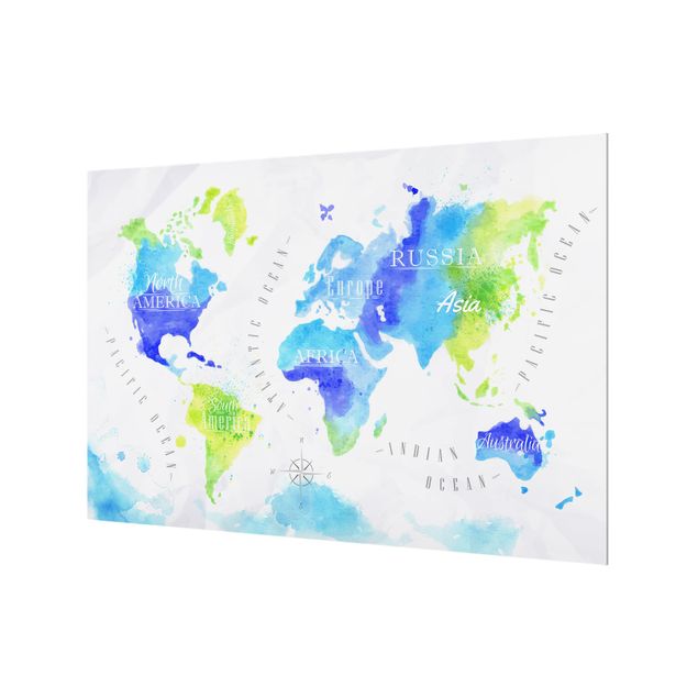 Spritzschutz Glas - Weltkarte Aquarell blau grün - Querformat - 3:2