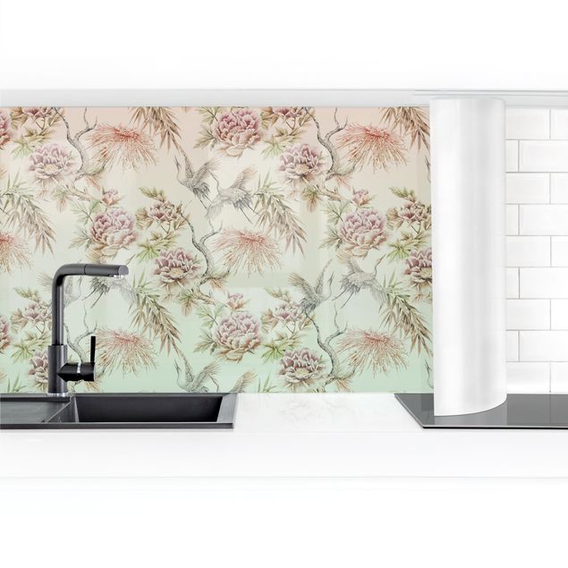 Küchenrückwand selbstklebend Aquarell Vögel mit großen Blüten in Ombre II
