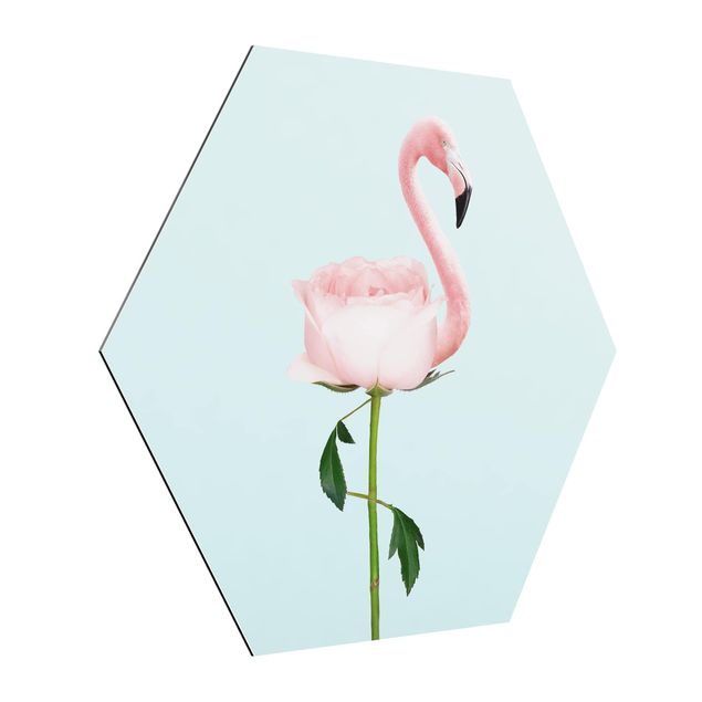 Hexagon Bild Alu-Dibond - Jonas Loose - Flamingo mit Rose