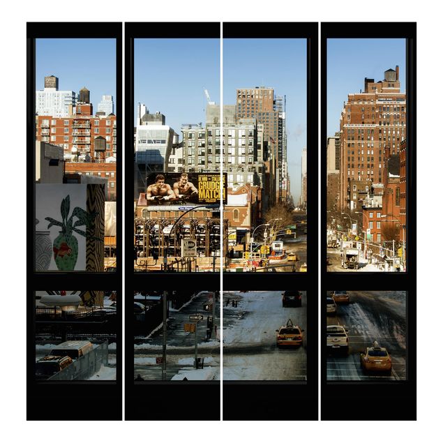 Schiebegardinen Set - Blick aus Fenster auf Straße in New York - Flächenvorhänge