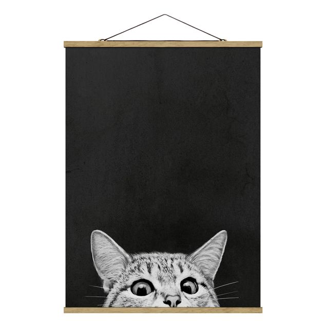 Stoffbild mit Posterleisten - Laura Graves - Illustration Katze Schwarz Weiß Zeichnung - Hochformat 3:4