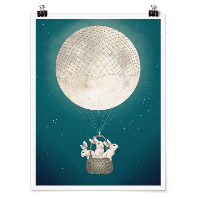 Poster - Illustration Hasen Mond-Heißluftballon Sternenhimmel - Hochformat 4:3